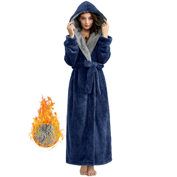 Robes for Women, LOFIR Full-Length Womens Robes, Soft Fleece Hooded Womens Bathrobes, Plush Long Bath Robe with Side Pocket, Winter Warm Pajamas Gift for Women (L, Dark Blue)