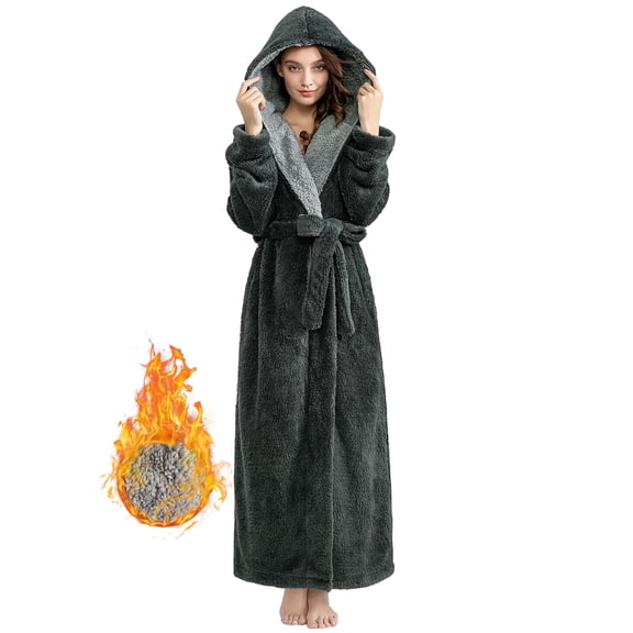 Robes for Women, LOFIR Full-Length Womens Robes, Soft Fleece Hooded Womens Bathrobes, Plush Long Bath Robe with Side Pocket, Winter Warm Pajamas Gift for Women (L, Grey)