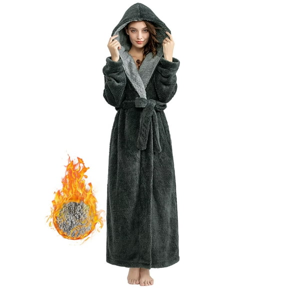 Robes for Women, LOFIR Full-Length Womens Robes, Soft Fleece Hooded Womens Bathrobes, Plush Long Bath Robe with Side Pocket, Winter Warm Pajamas Gift for Women (M, Grey)
