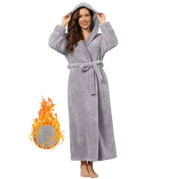 Robes for Women, LOFIR Full-Length Womens Robes, Soft Fleece Hooded Womens Bathrobes, Plush Long Bath Robe with Side Pocket, Winter Warm Pajamas Gift for Women (M, Light Grey)