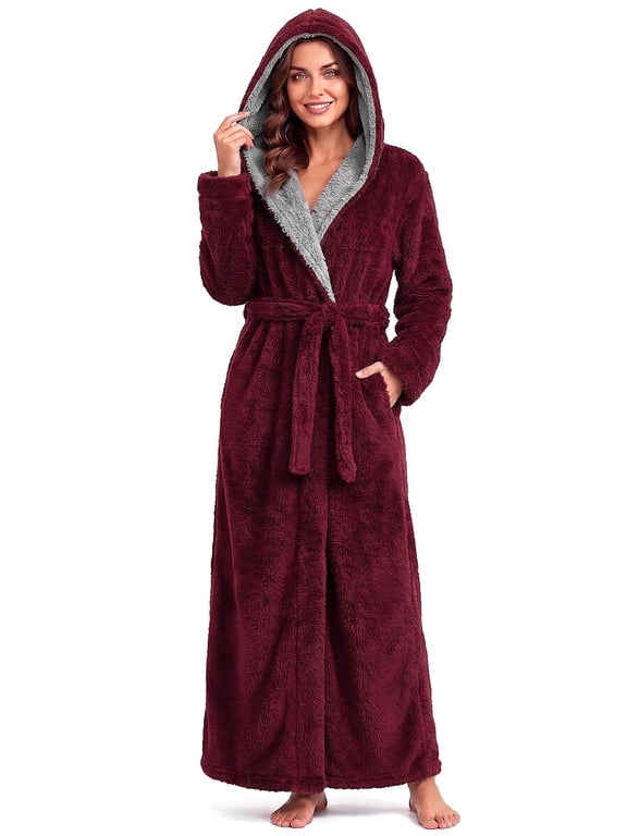 Robes for Women, LOFIR Full-Length Womens Robes, Soft Fleece Hooded Womens Bathrobes, Plush Long Bath Robe with Side Pocket, Winter Warm Pajamas Gift for Women (M, Wine Red)