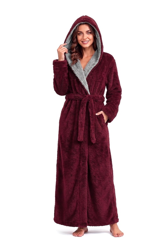 Robes for Women, LOFIR Full-Length Womens Robes, Soft Fleece Hooded Womens Bathrobes, Plush Long Bath Robe with Side Pocket, Winter Warm Pajamas Gift for Women (M, Wine Red)