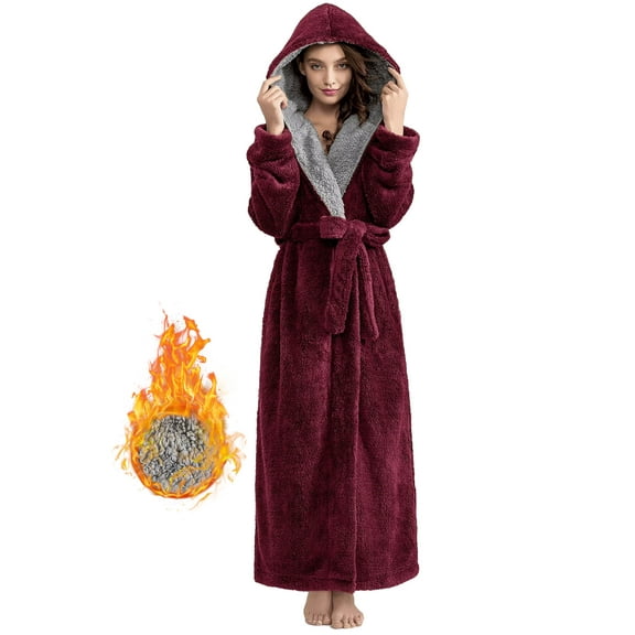 Robes for Women, LOFIR Full-Length Womens Robes, Soft Fleece Hooded Womens Bathrobes, Plush Long Bath Robe with Side Pocket, Winter Warm Pajamas Gift for Women (Wine Red)