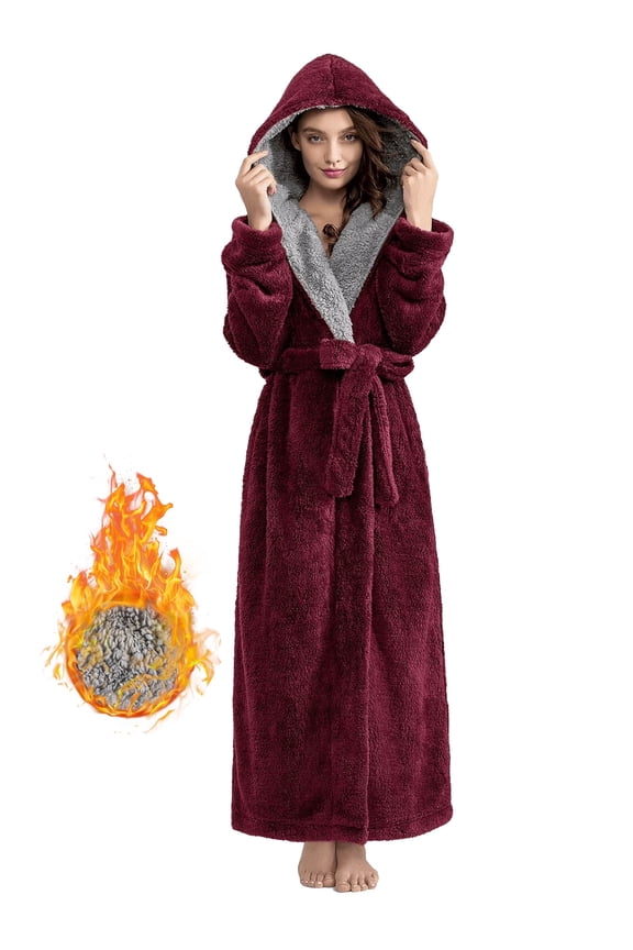 Robes for Women, LOFIR Full-Length Womens Robes, Soft Fleece Hooded Womens Bathrobes, Plush Long Bath Robe with Side Pocket, Winter Warm Pajamas Gift for Women (Wine Red)