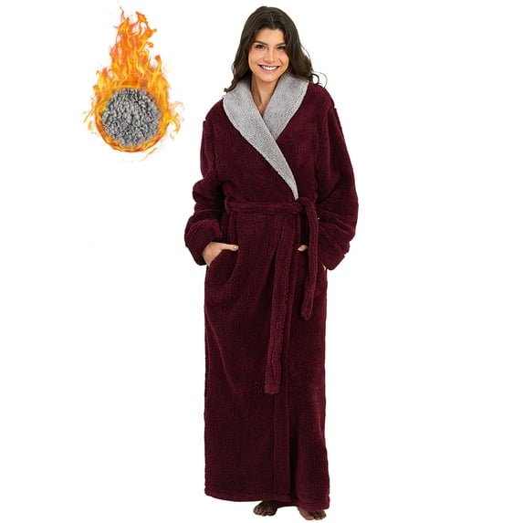 Robes for Women, LOFIR Full-Length Womens Robes, Soft Fleece V-Neck Bathrobes, Plush Long Bath Robe with Side Pocket, Winter Warm Pajamas Gift for Women(M,Wine Red)