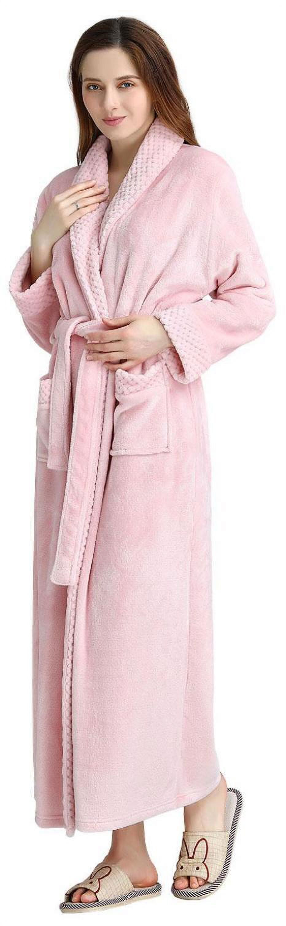 LOFIR Women's Long Fleece Bathrobe, Soft Fluffy Shower Robe with Front