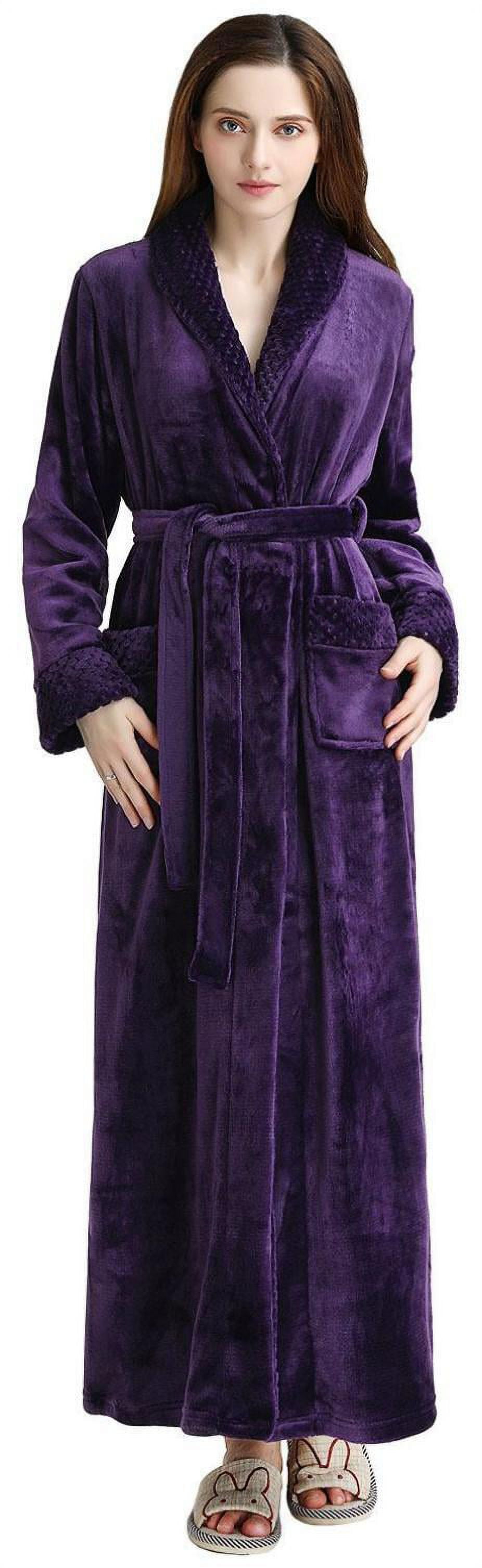 Robes for Women, LOFIR Long Womens Robes, Soft Fluffy Fleece Bath Robe with Front Pocket, Winter Warm Plush Lapel Women's Robes, Adjustable Belt, Purple, L/XL
