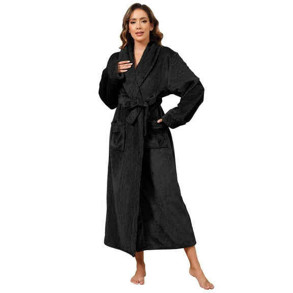 Robes for Women, LOFIR Long Womens Robes, Soft Fluffy Fleece Bath Robe with Front Pocket, Winter Warm Plush Lapel Women's Robes, Adjustable Belt, Black, S/M