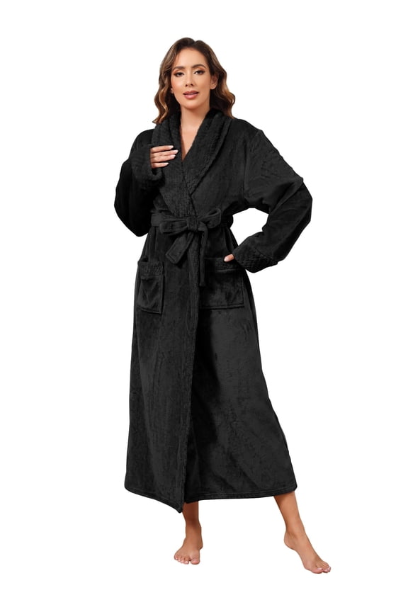 Robes for Women, LOFIR Long Womens Robes, Soft Fluffy Fleece Bath Robe with Front Pocket, Winter Warm Plush Lapel Women's Robes, Adjustable Belt, Black, S/M