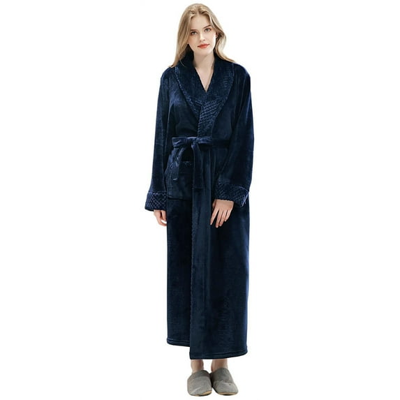 Robes for Women, LOFIR Long Womens Robes, Soft Fluffy Fleece Bath Robe with Front Pocket, Winter Warm Plush Lapel Women's Robes, Adjustable Belt, Dark Blue, S/M