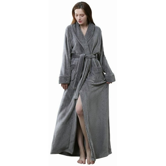 Robes for Women, LOFIR Long Womens Robes, Soft Fluffy Fleece Bath Robe with Front Pocket, Winter Warm Plush Lapel Women's Robes, Adjustable Belt, Grey, L/XL