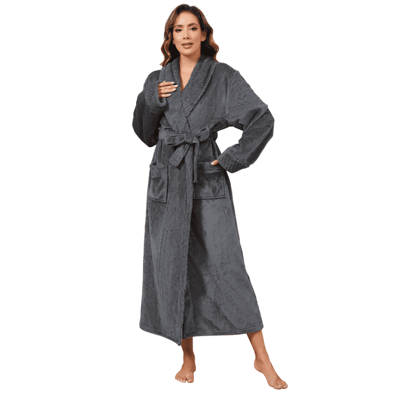Robes for Women, LOFIR Long Womens Robes, Soft Fluffy Fleece Bath Robe with Front Pocket, Winter Warm Plush Lapel Women's Robes, Adjustable Belt, Grey, S/M