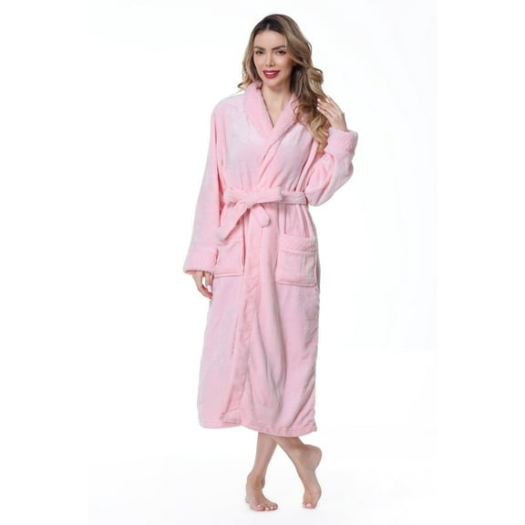 Robes for Women, LOFIR Long Womens Robes, Soft Fluffy Fleece Bath Robe with Front Pocket, Winter Warm Plush Lapel Women's Robes, Adjustable Belt, Pink, S/M