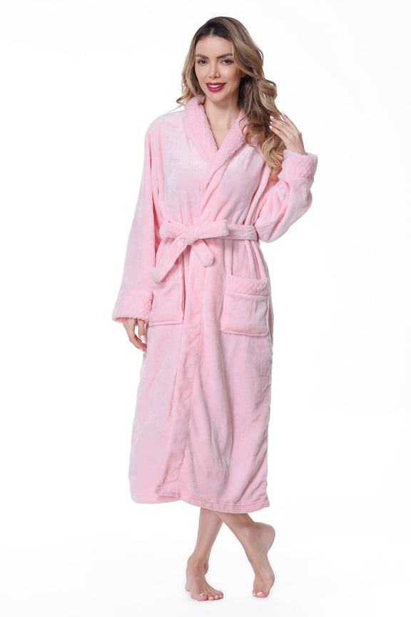 Robes for Women, LOFIR Long Womens Robes, Soft Fluffy Fleece Bath Robe with Front Pocket, Winter Warm Plush Lapel Women's Robes, Adjustable Belt, 2XL3XL, Pink
