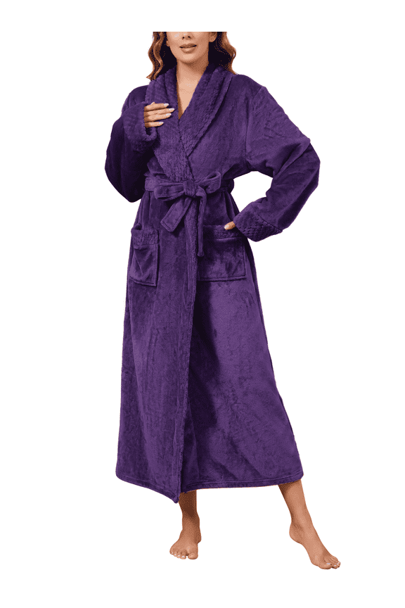 Robes for Women, LOFIR Long Womens Robes, Soft Fluffy Fleece Bath Robe with Front Pocket, Winter Warm Plush Lapel Women's Robes, Adjustable Belt, Purple, L/XL