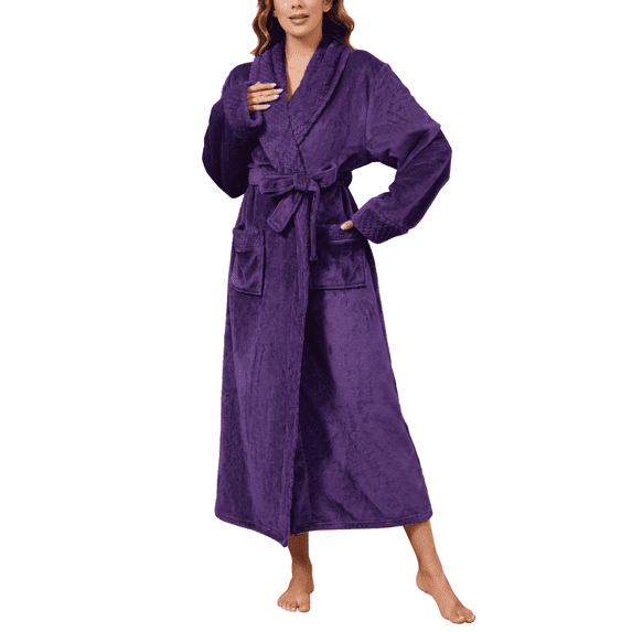 Robes for Women, LOFIR Long Womens Robes, Soft Fluffy Fleece Bath Robe with Front Pocket, Winter Warm Plush Lapel Women's Robes, Adjustable Belt, Purple, L/XL