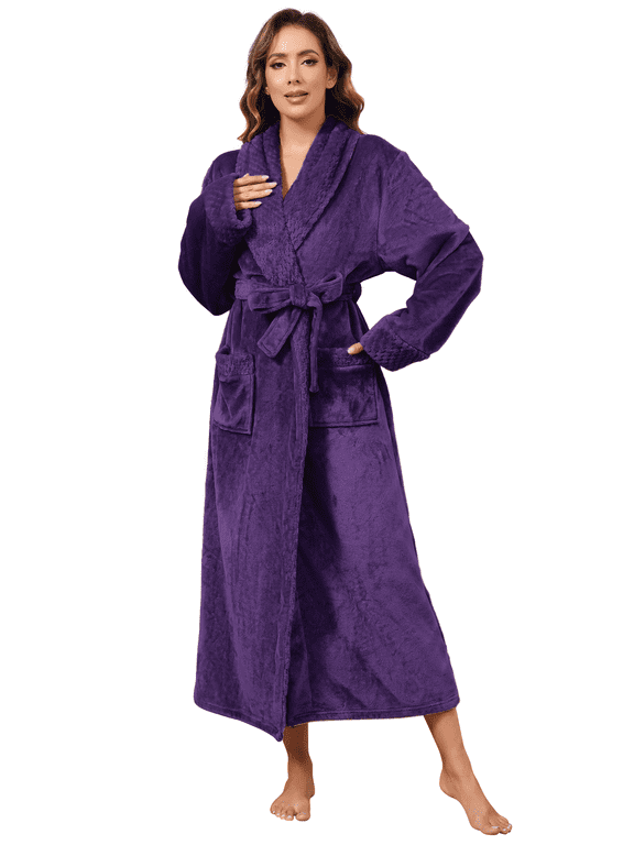 Robes for Women, LOFIR Long Womens Robes, Soft Fluffy Fleece Bath Robe with Front Pocket, Winter Warm Plush Lapel Women's Robes, Adjustable Belt, Purple, L/XL