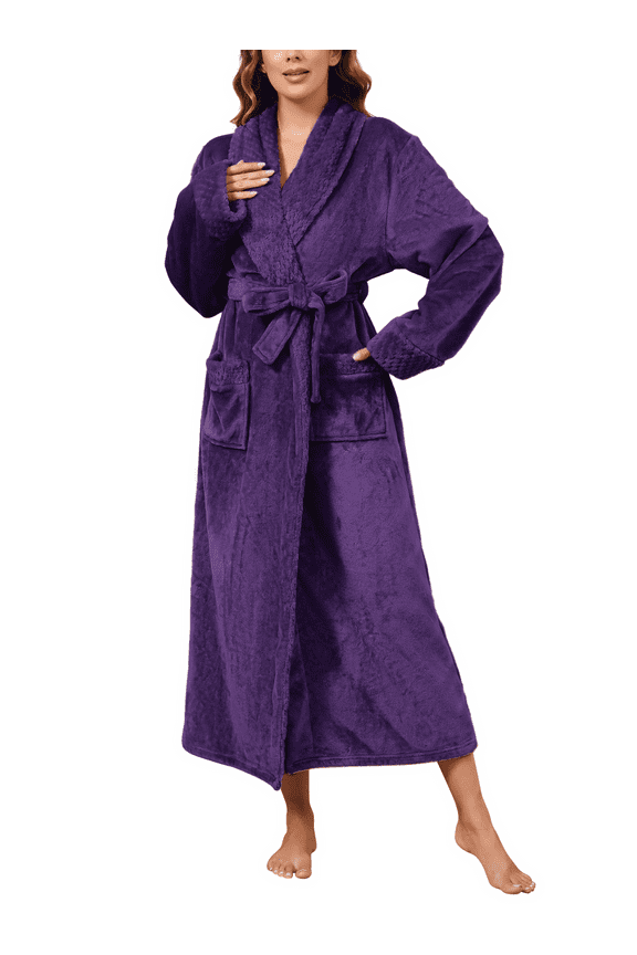 Robes for Women, LOFIR Long Womens Robes, Soft Fluffy Fleece Bath Robe with Front Pocket, Winter Warm Plush Lapel Women's Robes, Adjustable Belt, Purple, S/M