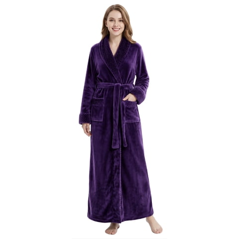 Robes for Women, LOFIR Long Womens Robes, Soft Fluffy Fleece Bath Robe with Front Pocket, Winter Warm Plush Lapel Women's Robes, Adjustable Belt, Purple, S/M