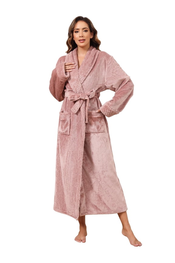 Robes for Women, LOFIR Long Womens Robes, Soft Fluffy Fleece Bath Robe with Front Pocket, Winter Warm Plush Lapel Women's Robes, Adjustable Belt, Taupe, L/XL