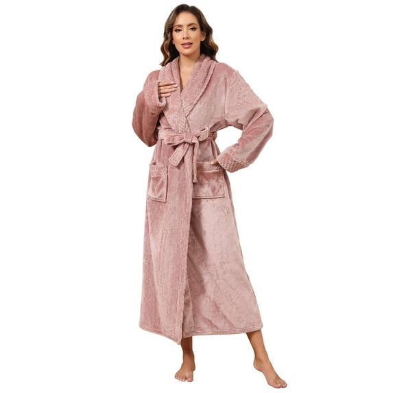 Robes for Women, LOFIR Long Womens Robes, Soft Fluffy Fleece Bath Robe with Front Pocket, Winter Warm Plush Lapel Women's Robes, Adjustable Belt, Taupe, L/XL