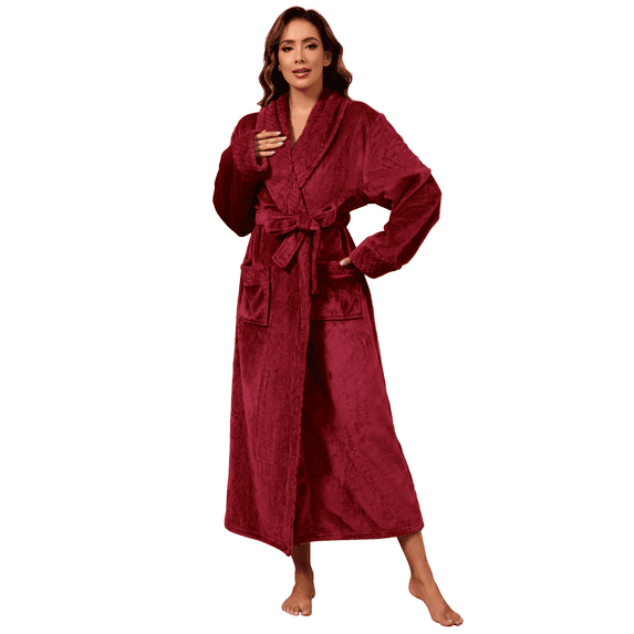 Robes for Women, LOFIR Long Womens Robes, Soft Fluffy Fleece Bath Robe with Front Pocket, Winter Warm Plush Lapel Women's Robes, Adjustable Belt, Wine Red, L/XL