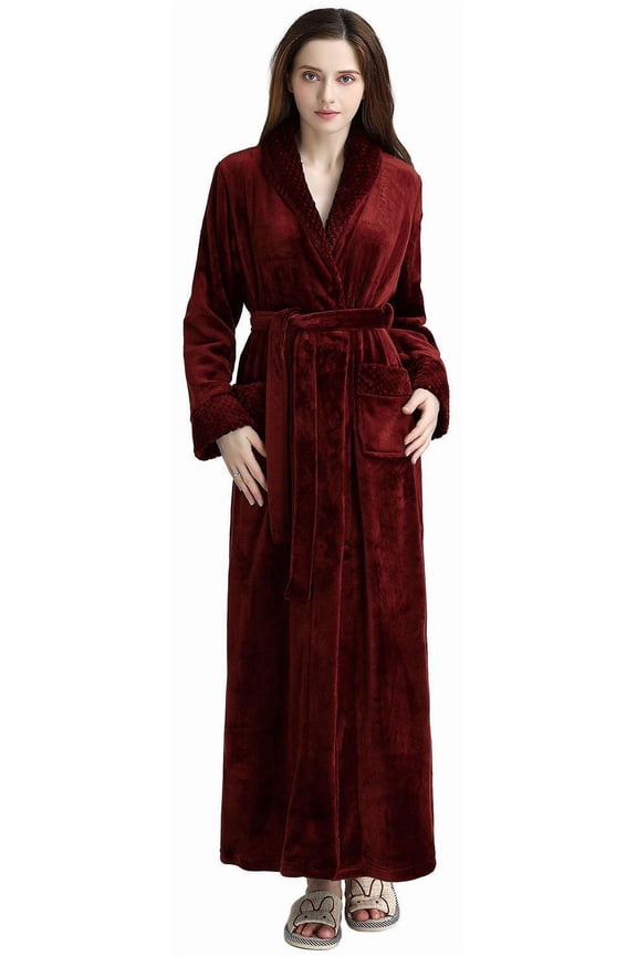 Robes for Women, LOFIR Long Womens Robes, Soft Fluffy Fleece Bath Robe with Front Pocket, Winter Warm Plush Lapel Women's Robes, Adjustable Belt, Wine Red, L/XL