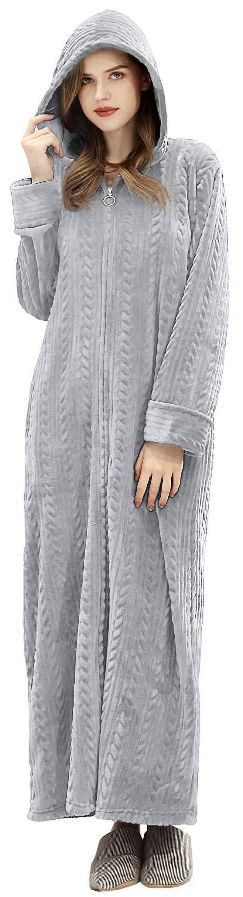ADR Women's Plush Sweatshirt Robe with Pockets, Long Hooded Fleece Duster  Kaftan Light Gray Small