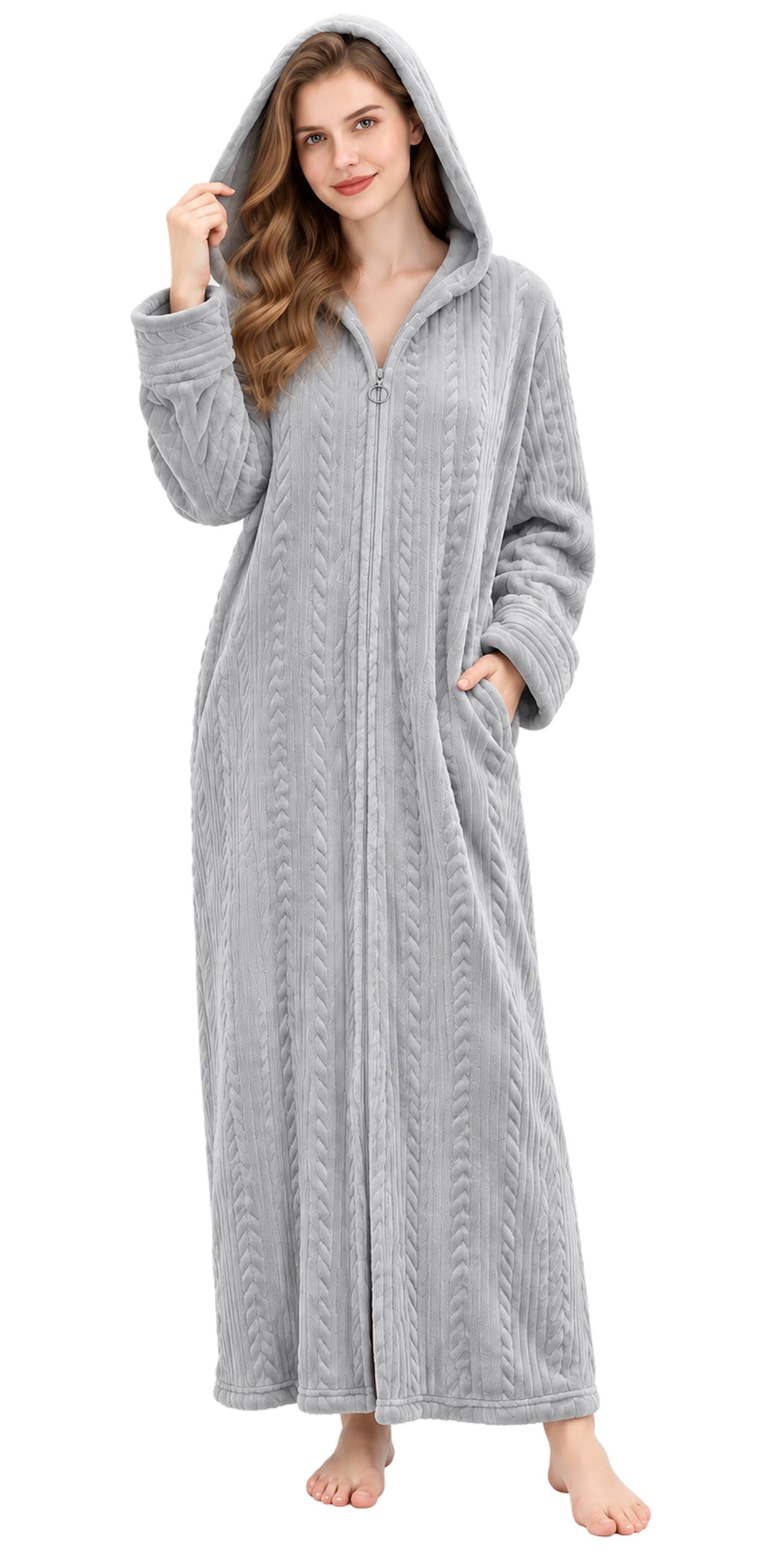 Robes for Women, LOFIR Womens Hooded Plush Robe Zip up Front Long Fleece Bathobe for Women with Pocket, House Coat Moomoo Nightgowns Loungewear Sleepwear for Elderly Women Gift,  (S/M, Light Gray)