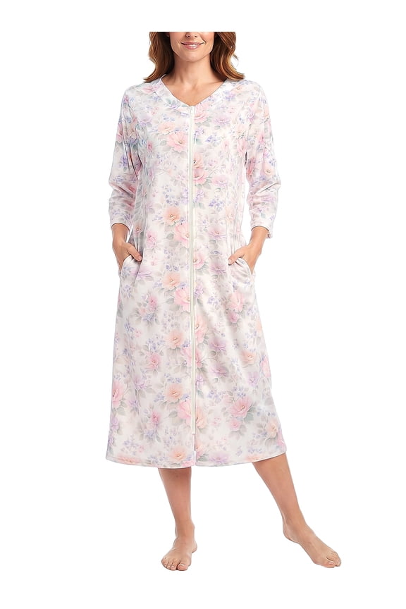 Robes for Women: LOFIR Womens Zip Up Front Bathrobe Long Length, V-Neck 3/4 Sleeve Housecoats with Pockets, Summer Lightweight Floral Sleepwear Nightgown for Home & Daily Wear, Pink, L