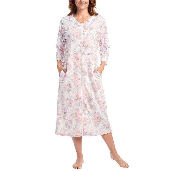 Robes for Women: LOFIR Womens Zip Up Front Bathrobe Long Length, V-Neck 3/4 Sleeve Housecoats with Pockets, Summer Lightweight Floral Sleepwear Nightgown for Home & Daily Wear, Pink, XL