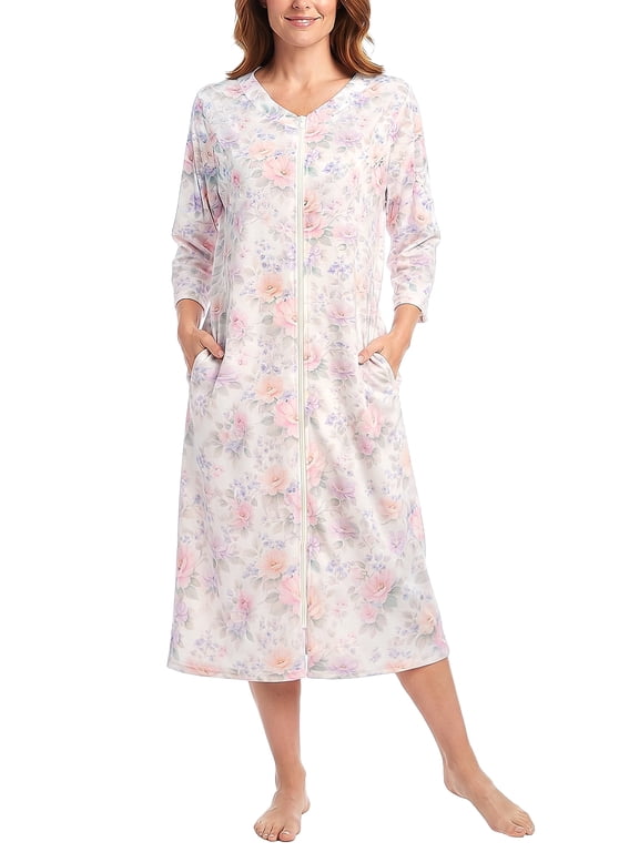 Robes for Women: LOFIR Womens Zip Up Front Bathrobe Long Length, V-Neck 3/4 Sleeve Housecoats with Pockets, Summer Lightweight Floral Sleepwear Nightgown for Home & Daily Wear, Pink, XL