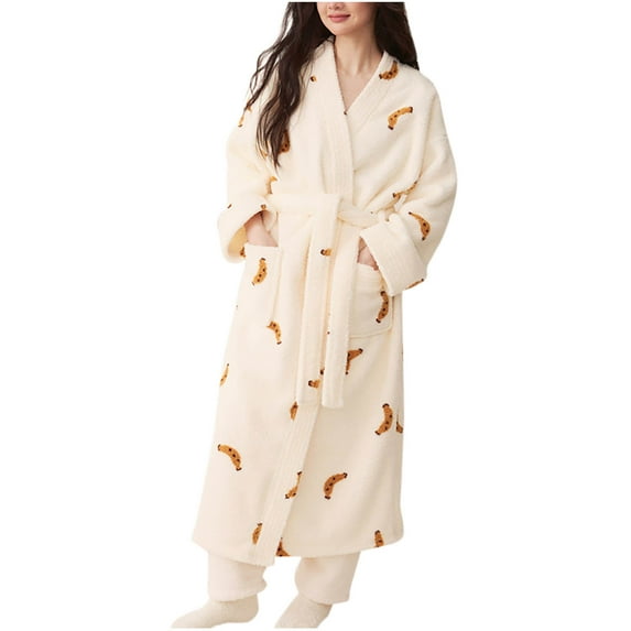 Robes for Women Long Fleece Pajama Floral Print Nightgown Long Sleeved Fleece for Warmth in Winter Loungewear Casual Pajamas Long Bathrobe Home Wear with Pockets