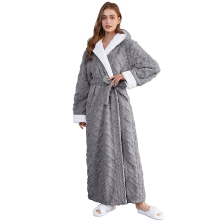 Robes for Women, PUTUO Hooded Womens Robes, Plush Soft Fluffy Long Robe, Comfy Spa Nightgown Housecoat with Side Pocket, Winter Warm Sleepwear Gift for Women