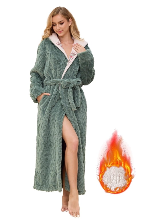 Robes for Women, PUTUO Hooded Womens Robes, Plush Soft Fluffy Long Robe, Comfy Spa Nightgown Housecoat with Side Pocket, Winter Warm Sleepwear Gift for Women