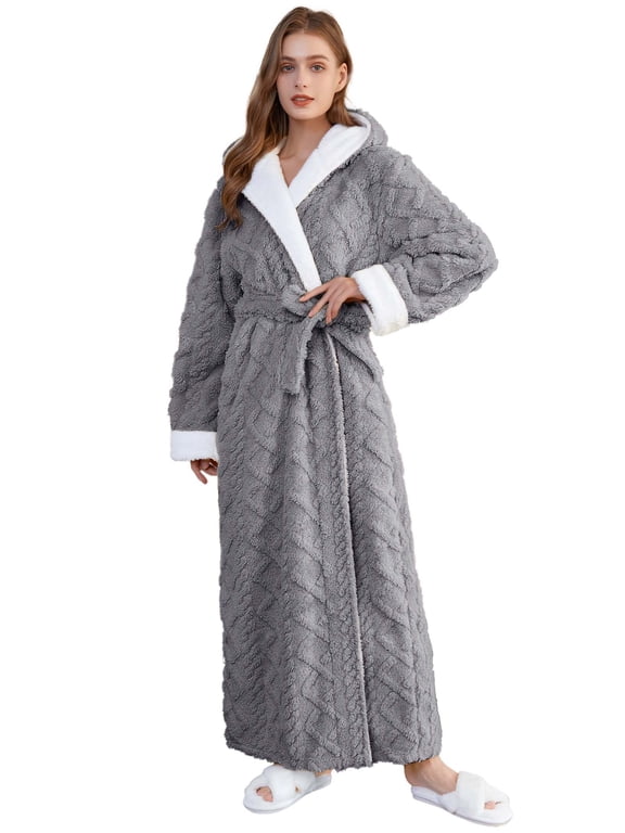 Robes for Women, PUTUO Hooded Womens Robes, Plush Soft Fluffy Long Robe, Comfy Spa Nightgown Housecoat with Side Pocket, Winter Warm Sleepwear Gift for Women