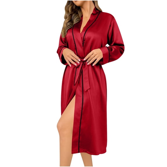 Robes for Women Satin Lightweight Bathrobe Sexy Long Sleeve Kimono Bathrobes Elegant Comfortable Bride Robes V Neck Bathrobe Under Knee Length Loungewear
