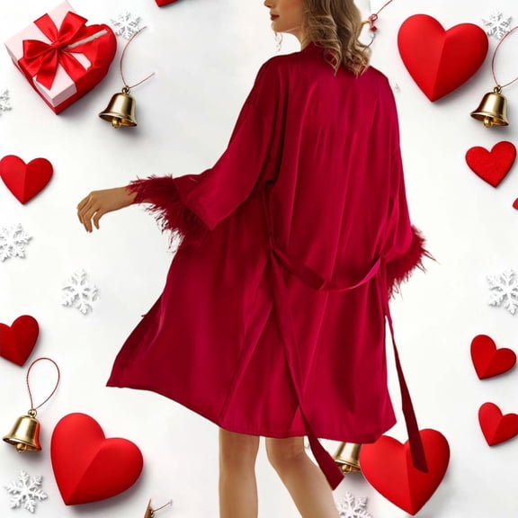 Robes Women Satin Robe Feather Trim Womens Lightweight Comfy Robes for Women Valentines Day Shower Robe