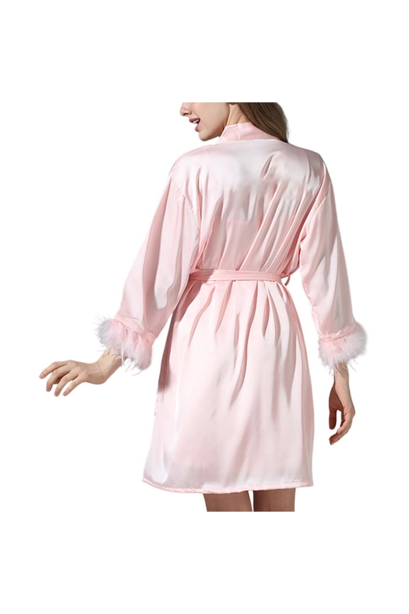 Robes Women Silk Nightgown Feather Trim Lightweight Comfy Robes for Women Valentine's Day Bathrobes