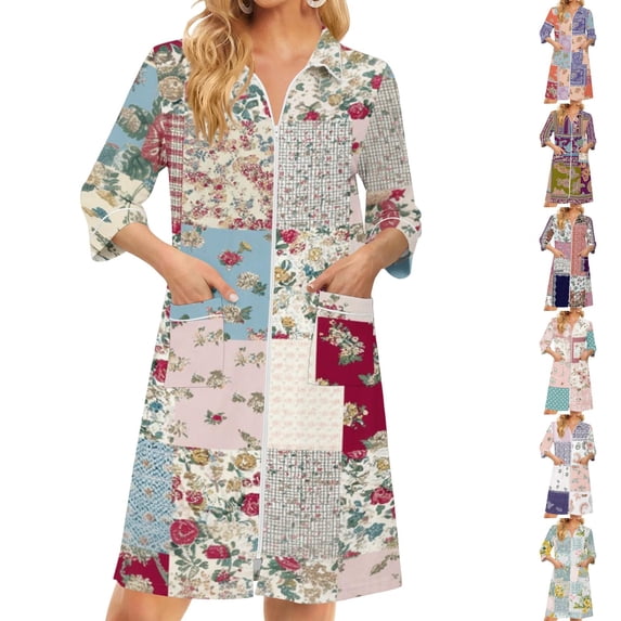 Robes for Women Zipper Lightweight 3/4 Sleeve Womens Bathrobe Zipper Front Knee Length Vintage Floral Print Trendy Bathrobe Nightgown with Pockets Army Green S