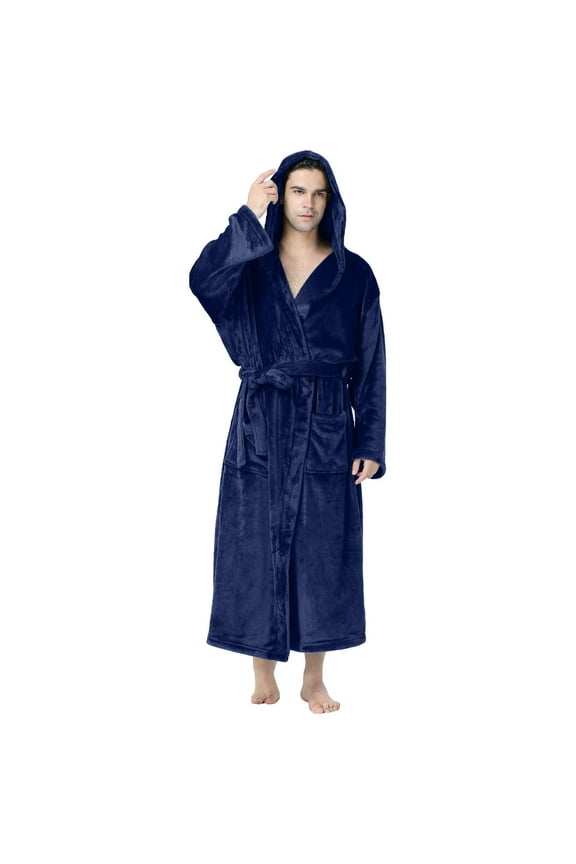 Robes for Men Big and Tall S-5XL Fleece Sherpa Bathrobes with Hoodie Pockets and Belt Plus Size Solid Long Sleeve Warm Loungewear Robe