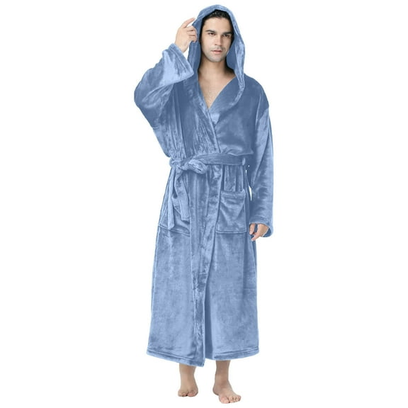 Robes for Men Big and Tall S-5XL Fleece Sherpa Bathrobes with Hoodie Pockets and Belt Plus Size Solid Long Sleeve Warm Loungewear Robe
