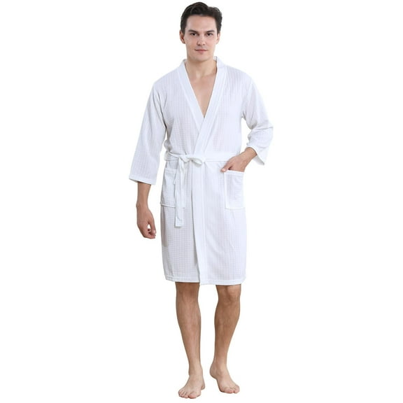 Robes for Men, PUTUO Mens Robe, Lightweight Soft Spa Nightgowns Pajamas for Men with Pockets, White