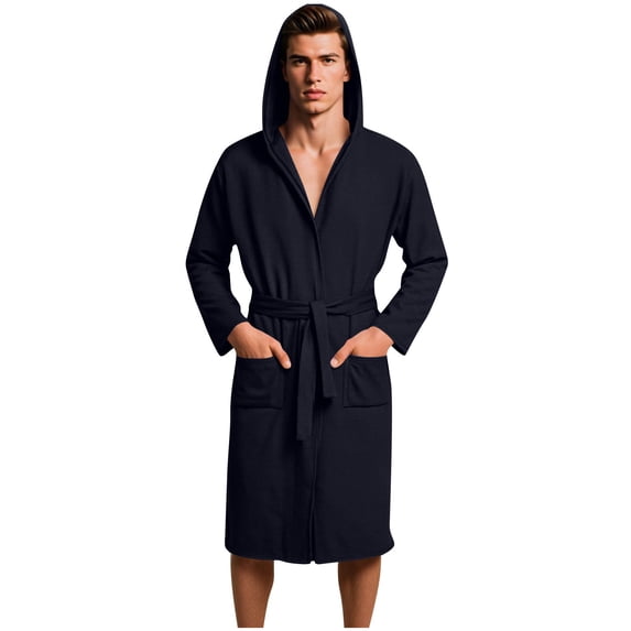 Robes for Men Premium Long Sleeve Bathrobe Soft Lightweight Knee Length Loungewear with Belt Navy 2XL