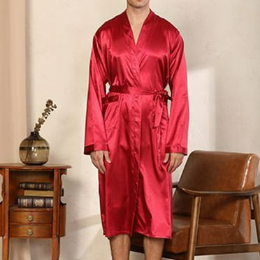 Robes for Men Soft Lightweight Silk Satin Bathrobes Mens Casual Solid Long Sleeve Loose Pajamas Loungewear Robe with Pockets and Belt Clearance Sale