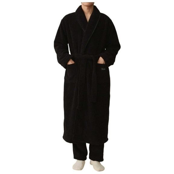 Robes for Men Thickened Long Coral Velvet Long Sleeve Solid Color Men's Sleepwear,Black,L