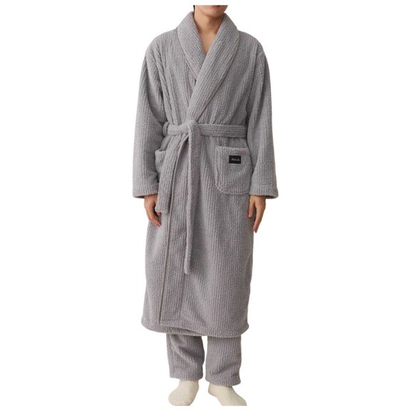 Robes for Men Thickened Long Coral Velvet Long Sleeve Solid Color Men's Sleepwear,Light Gray,XL