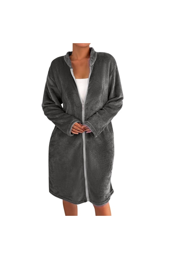 Robes for Women Button Front Fuzzy Plush Soft Warm Winter Robes Solid Loungewear Nightgown with Pockets