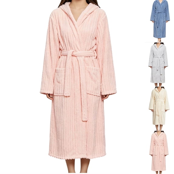 Robes for Women Dqueduo Women's Thickened Solid Color Absorbent Bandage Long Sleeve Hooded Bathrobe – Cozy Cardigan Robe Pink Free Size