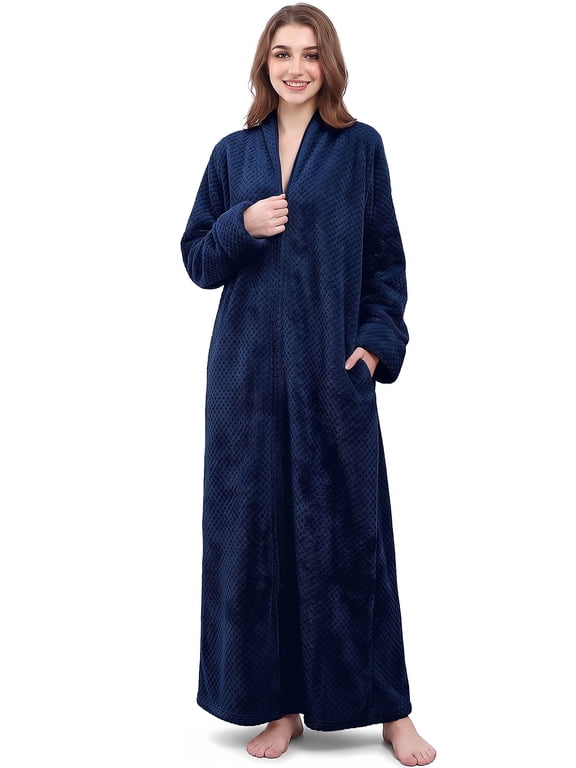 Robes for Women, LOFIR Long Womens Robes, Cozy Soft Fluffy Fleece Front Zipper Robe, Warm Plush Winter Bathrobe with Side Pockets,2XL3XL, Dark Blue